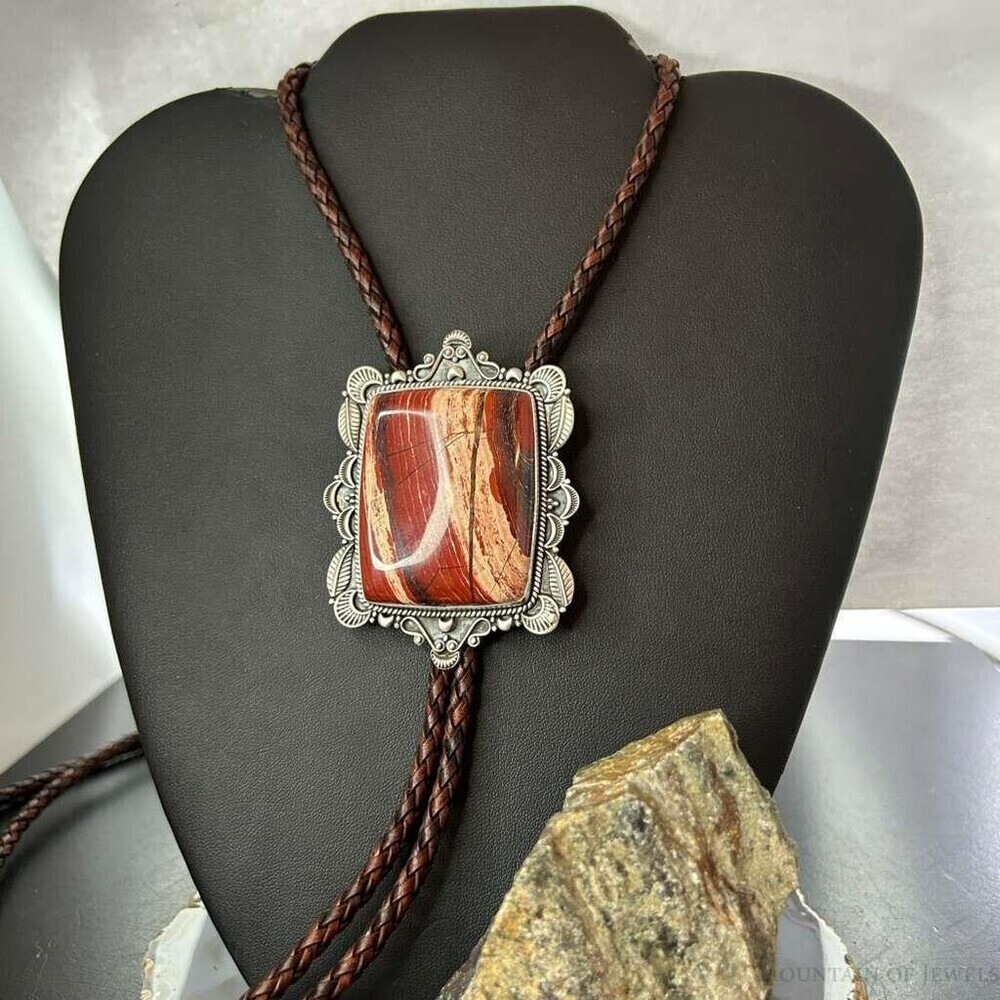 Sterling Southwestern Style Large Snake Skin Jasper Decorated Bolo Tie For Men